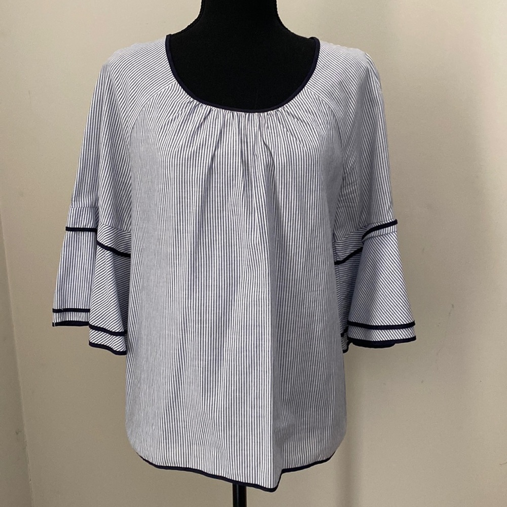 Jane Delancey Womens Blue White Pinstripe Tiered Bell Sleeve Blouse Small S